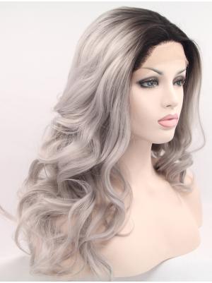 Gorgeous Synthetic Grey With Dark Roots Curly 18 Inches Lace Front Wig