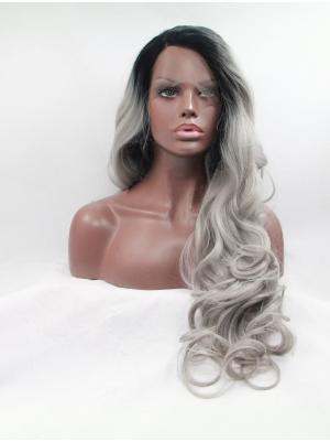 Black To Silver Ombre Curly Long Cheap Wig Front Lace