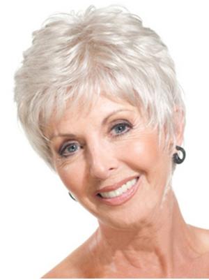 Straight Cropped 8 Inches Good Synthetic Ladies Grey Wigs